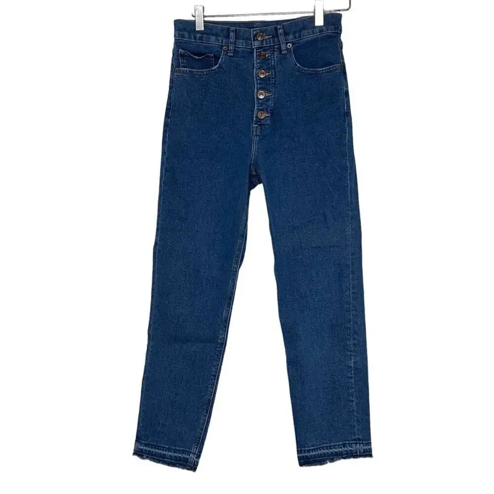 Express MOM super high rise blue stretch jeans cropped button fly raw hem
